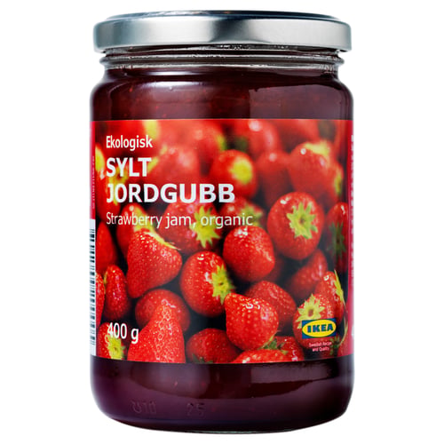 Jar of organic strawberry jam by IKEA, labelled SYLT JORDGUBB, 400g, with a red and yellow strawberry design.