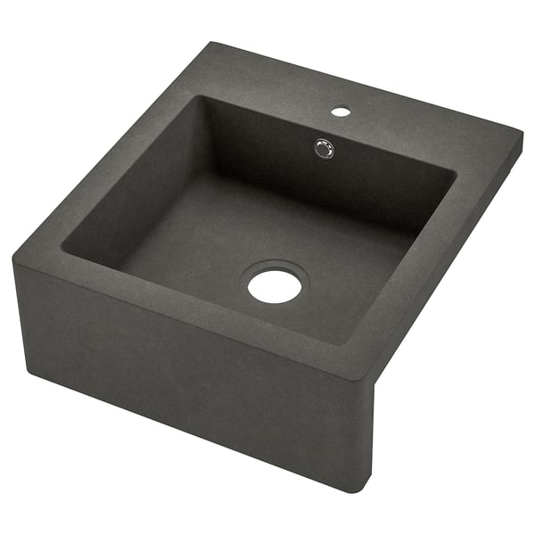 Dark grey farmhouse sink, deep bowl, quartz composite material.