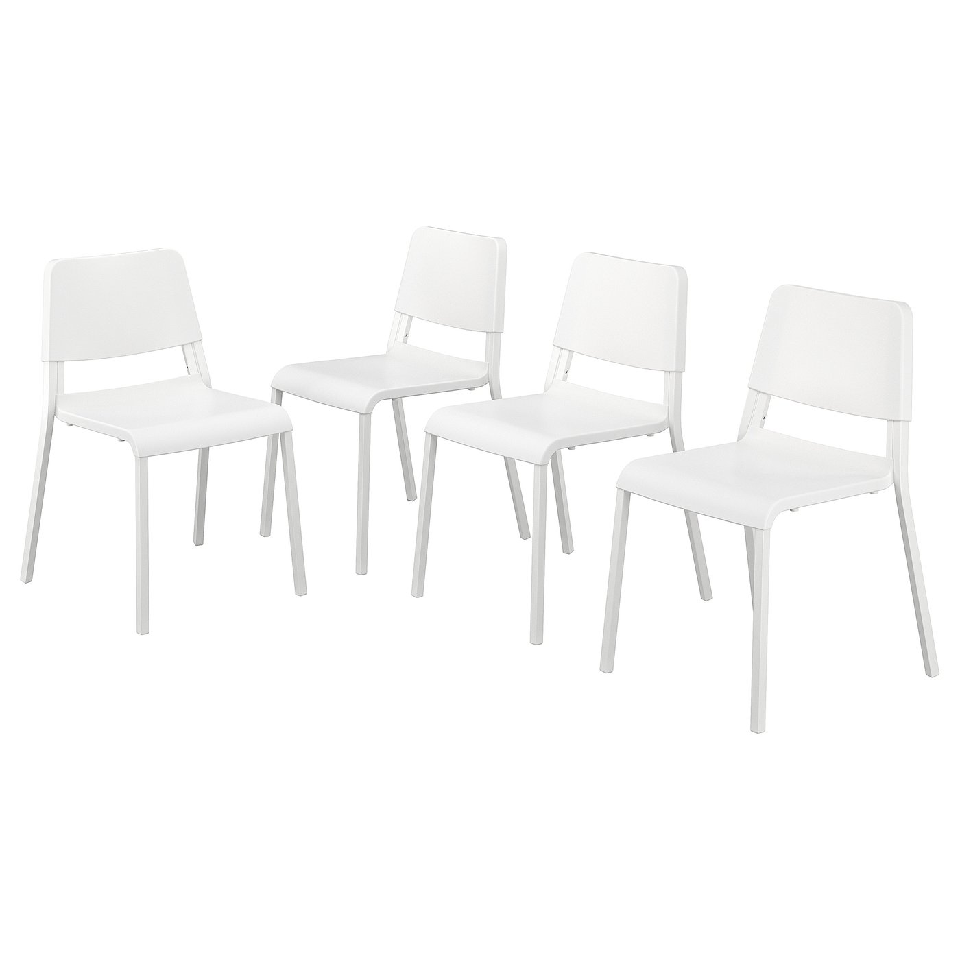 Four white plastic chairs with steel legs. Simple, modern design.
