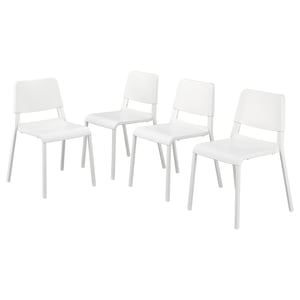 Four white plastic chairs with steel legs. Simple, modern design.