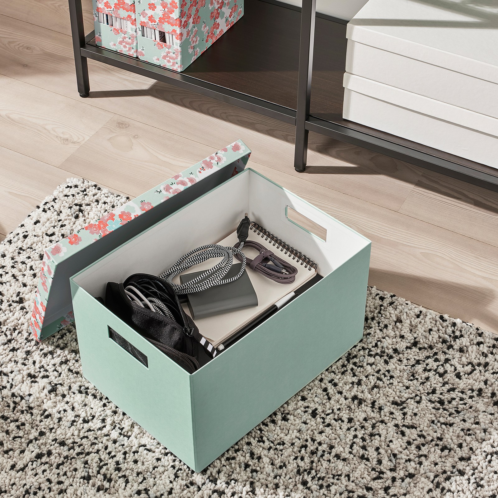 TJENA Storage box with lid, flower/light green, 25x35x20 cm IKEA