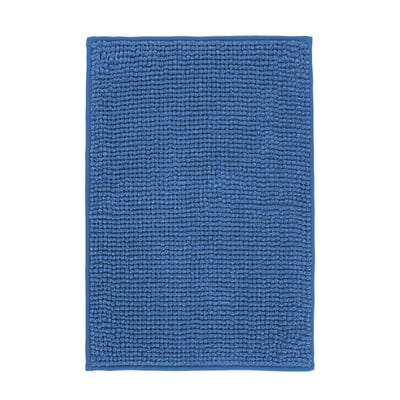 Blue TOFTBO bath mat, rectangular, textured soft surface.