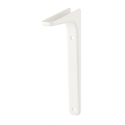 A white TOMTHULT shelf bracket. It is made of aluminium, reversible, fits 20 or 30 cm deep shelves, and has a simple design.