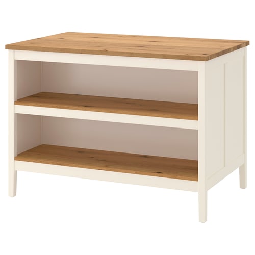 TORNVIKEN kitchen island, white with oak shelves and top. Rectangular, rustic, 10-year guarantee.