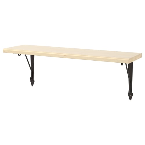 A TRANHULT wall shelf, light wood with black metal brackets.