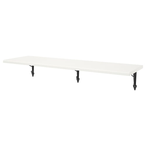 A TRANHULT white wall shelf with sleek edges and sturdy black metal brackets, ideal for storage and display.