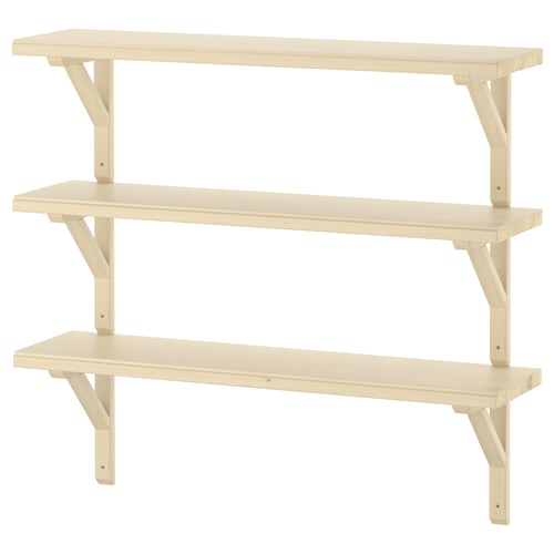 TRANHULT wall shelf, natural wood, three tiered, simple design.