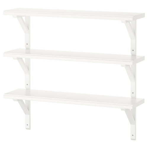 Three-tier, white wall shelf made of solid wood with smooth and bevelled edges. Ideal for storage and display; simple, practical design.