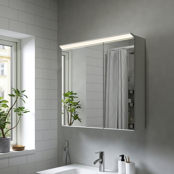 TREASJÖN Mirror cab 2 door/built-in lighting, 80x17x75 cm