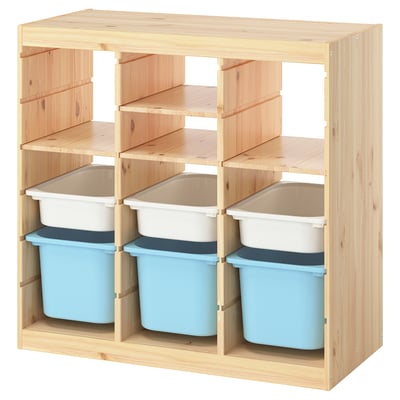 TROFAST Storage combination, with shelves/boxes room divider/light white stained pine light blue, 93x44x91 cm