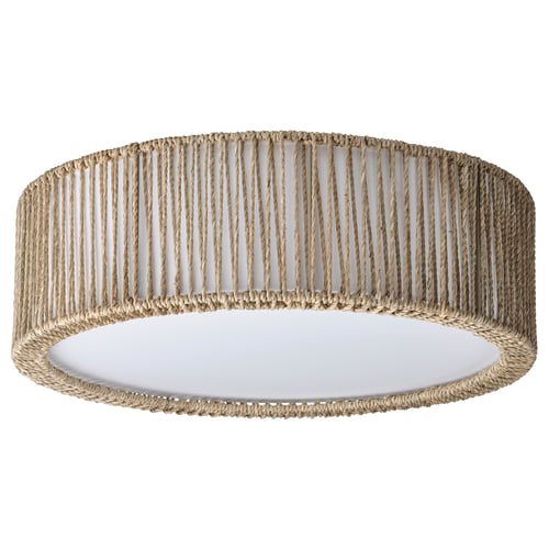 TRUBBRUFSE light: circular, linen shade, white centre, rope-like texture, natural materials.