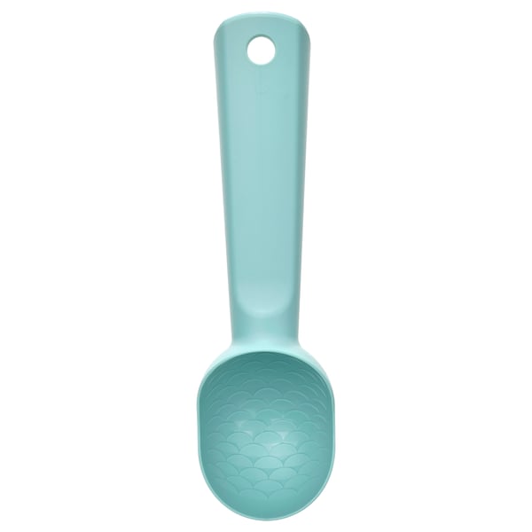 UPPFYLLD ice-cream scoop, teal, abs plastic, curved handle, textured bowl.