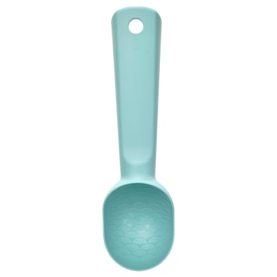 UPPFYLLD ice-cream scoop, teal, abs plastic, curved handle, textured bowl.