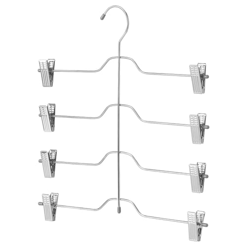 A våjsing hanger in chrome, designed to hold up to four pairs of trousers or skirts using clip-on attachments.
