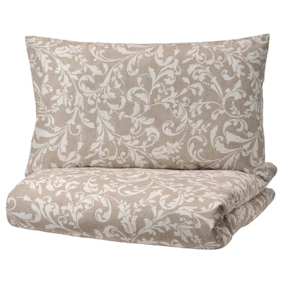 VÅRBRÄCKA Duvet cover and 4 pillowcases, beige/white, 200x200/50x80 cm