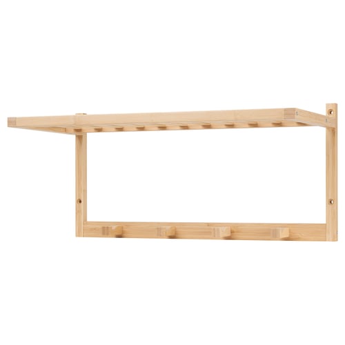 VASSKÄR bamboo shelf, 2 levels, top flat, bottom with 5 pegs, natural colour