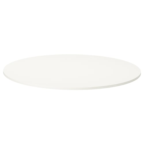 A round, white VIHALS table with a minimalist design. It has a smooth melamine surface and sleek edges, suitable for modern spaces.