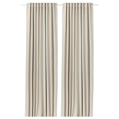 Beige recycled polyester blackout curtains hang side by side, simple style.