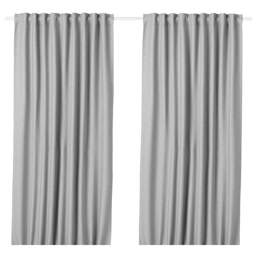 Pair of grey VILBORG room darkening curtains with linear texture. Textured fabric panels for a sleek design.