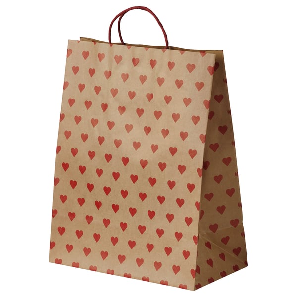 VINTERFINT Paper bag with handles, brown/heart-pattern, 30x38 cm