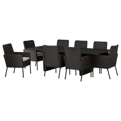 VITTSKÄR: 8-seater outdoor dining set with black, rectangular table and dark grey chairs, woven wicker, modern design.