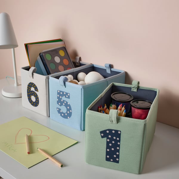 BARNDRÖM บอร์นดรัม กล่องผ้า 3 ใบ, เขียว น้ำเงิน/เบจ, 17x27x17 ซม.