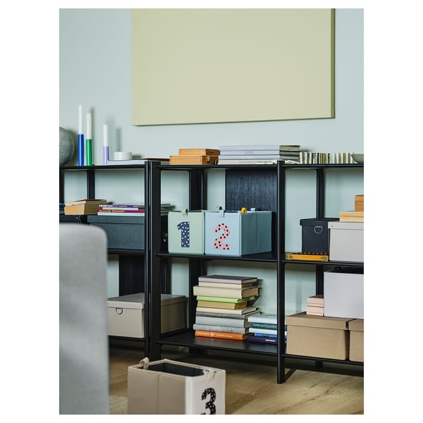 BARNDRÖM บอร์นดรัม กล่องผ้า 3 ใบ, เขียว น้ำเงิน/เบจ, 17x27x17 ซม.