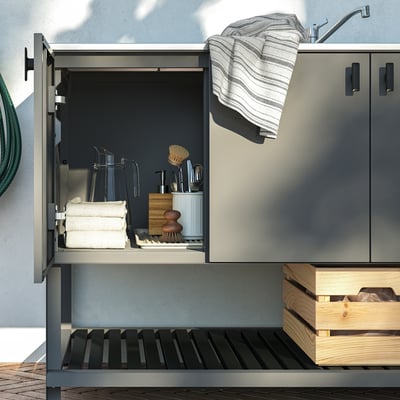 BÅTSKÄR บวทแควร์ ตู้พร้อมช่องใส่ซิงก์, นอกอาคาร/เทาเข้ม, 120x60 ซม.