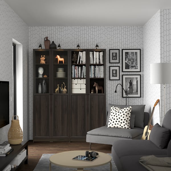 BILLY บิลลี่ / OXBERG อ็อกเบรย์ ชุดตู้หนังสือ+แผ่นปิด/บานกระจก, น้ำตาลเข้ม ลายไม้โอ๊ค, 160x30x202 ซม.