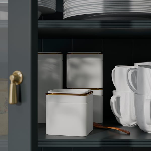 BLOMNING บลูมนิง กระป๋องพร้อมฝา, ออฟไวท์ สำหรับชา/กาแฟ, 10x10x10 ซม.