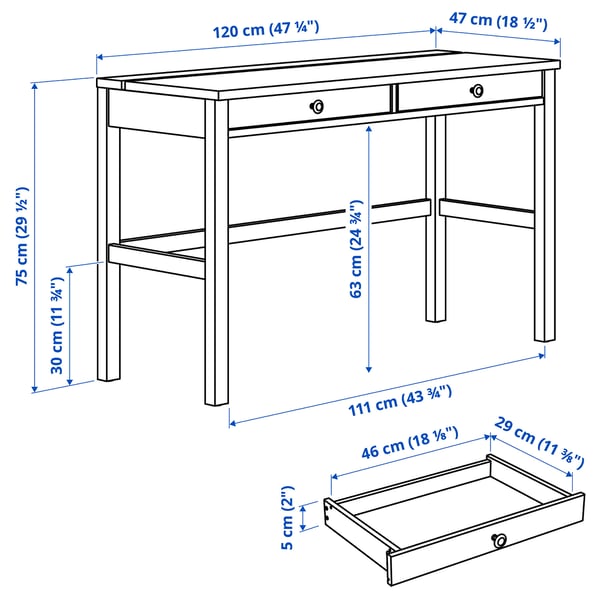 HEMNES เฮมเนส โต๊ะ 2 ลิ้นชัก, ไวท์สเตน/น้ำตาลอ่อน, 120x47 ซม.
