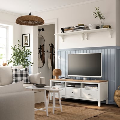 HEMNES เฮมเนส ตู้วางทีวี, ไวท์สเตน/น้ำตาลอ่อน, 148x47x57 ซม.