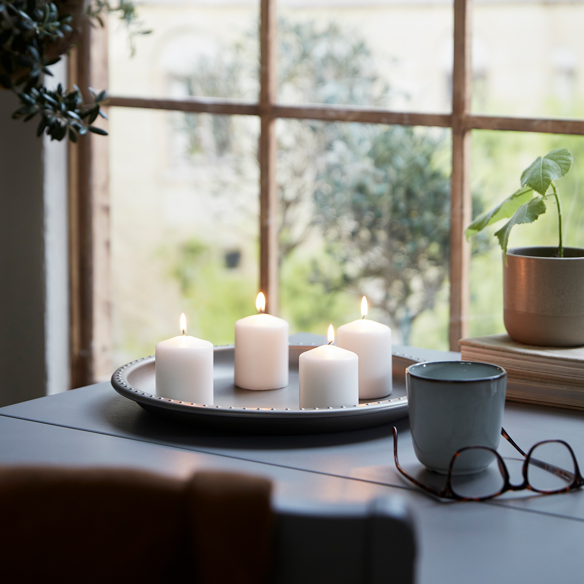 HEMSJÖ เฮมเชอ เทียนแท่งไร้กลิ่น, สีเนเชอรัล, 8 ซม.