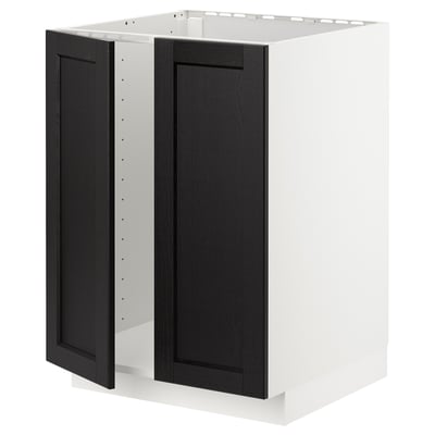 METOD เมท็อด ตู้ซิงก์บานคู่, ขาว/เลียร์ฮึตตัน ย้อมสีดำ, 60x60x80 ซม.