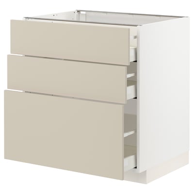 METOD เมท็อด / MAXIMERA มักซีเมอร่า ตู้พื้น 3 ลิ้นชัก, ขาว/ฮาฟสตอร์ป เบจ, 80x60x80 ซม.