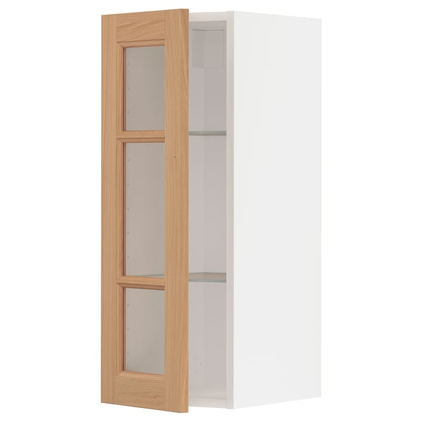 METOD เมท็อด ตู้แขวนบานกระจก/ชั้นวางของ, ขาว/เวียดฮัมน์ ไม้โอ๊ค, 30x37x80 ซม.