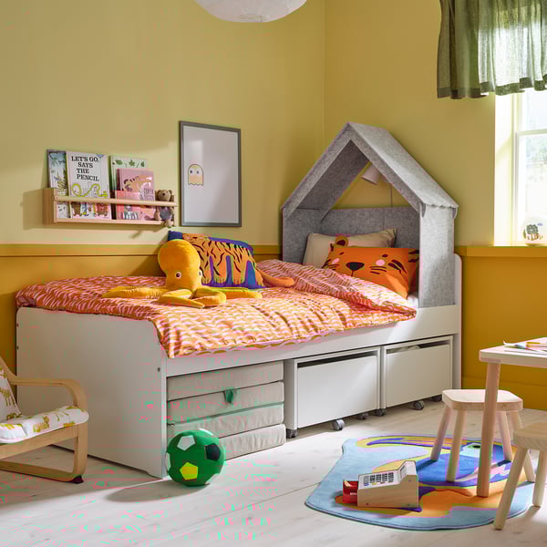 SLÄKT สเลค อุปกรณ์เสริมสำหรับเตียง, รูปทรงบ้าน/เทา