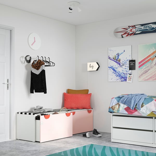 SMÅSTAD สมวสตัด ม้านั่งพร้อมที่เก็บของเล่น, ขาว/ชมพูอ่อน, 90x52x48 ซม.