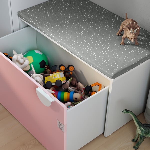 SMÅSTAD สมวสตัด ม้านั่งพร้อมที่เก็บของเล่น, ขาว/ชมพูอ่อน, 90x52x48 ซม.