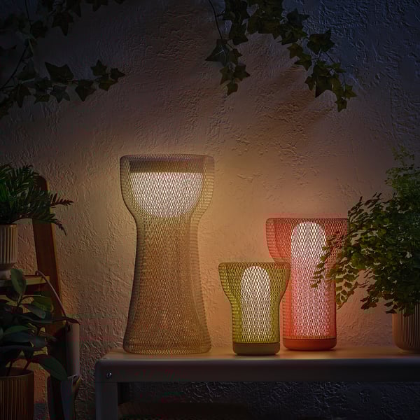 SOLVINDEN ซูลวินเดน โคมไฟประดับตั้งพื้น LED, พลังงานแสงอาทิตย์/ตาข่าย เบจ