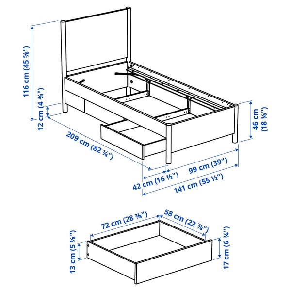 TONSTAD ทุนสตัด โครงเตียงพร้อมที่เก็บของ, วีเนียร์โอ๊ค/ลูร์เอย, 90x200 ซม.