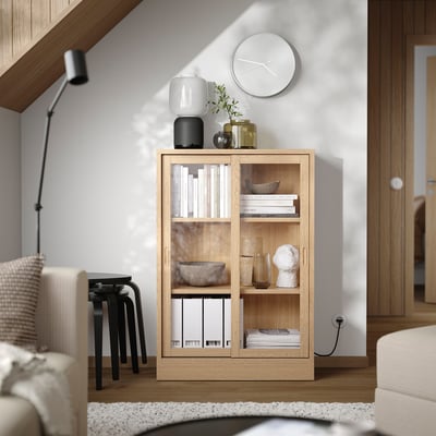 TONSTAD ทุนสตัด ตู้บานเลื่อนกระจก, วีเนียร์โอ๊ค, 82x37x120 ซม.