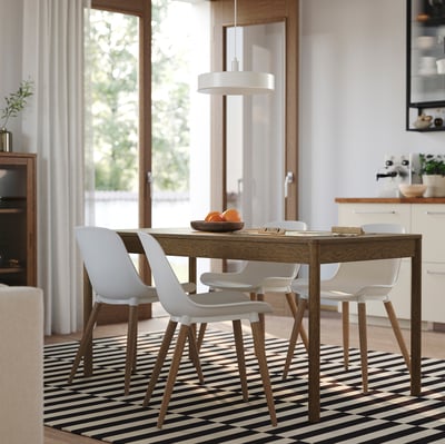 TONSTAD ทุนสตัด / GRÖNSTA เกรินสต้า โต๊ะและเก้าอี้ 4 ตัว, น้ำตาล วีเนียร์โอ๊ค/ขาว, 150x80 ซม.