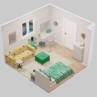 Dollhouse view of pink, green, and yellow virtual dorm room design in IKEA Kreativ. The room includes a MALM bed, nightstand, dresser, desk, wardrobe, coffee table, and sofa.