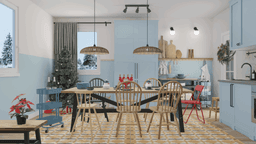 A virtual dining space with a wooden table, chairs, and a patterned rug beside a modern kitchen. A decorated VINTERFINT Christmas tree stands in the corner against light blue walls and cabinets.