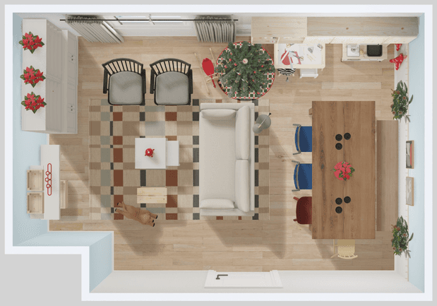 Top view of a virtual living space in IKEA Kreativ with areas for seating, dining, and playing. A Christmas tree sits next to the window.