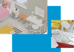 The desk area in a virtual dorm room in IKEA Kreativ. An orange laptop stand sits under a window alongside the desk. A graphic patchwork rug sits in the center of the room next to the bed with a pink duvet cover.
