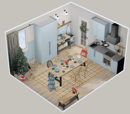 Dollhouse view of a virtual kitchen/dining area in IKEA Kreativ showcasing a table and chairs sitting on top of a yellow patterned rug, surrounded by blue cabinets.