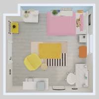Top view of a blue, pink, yellow, and orange virtual dorm room in IKEA Kreativ. The room includes a MALM bed, nightstand, dresser, desk, wardrobe, chair, rug, and side table. 