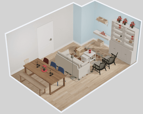 Dollhouse view of a virtual living space in IKEA Kreativ with a blue accent wall plus areas for seating, dining, and playing. 